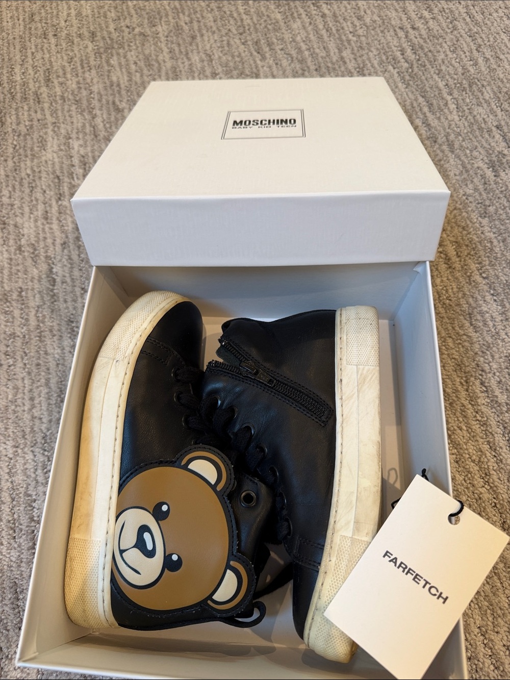 Moschino Kids Black Sneakers with Brown Teddy Bear Accent